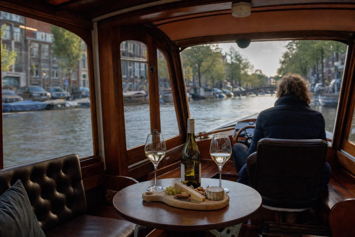 A cheese board and two glasses of white wine on a table inside a saloon boat cabin with an Amsterdam canal passing outside, no text, no logos, no people
