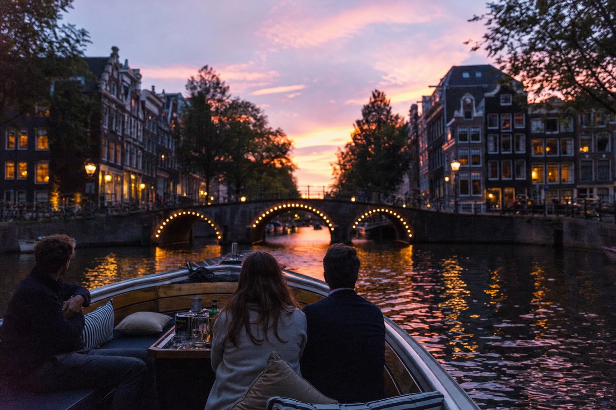 An open canal boat cruising the Amsterdam canal ring at sunset with string-lit bridges reflecting on the water, no text, no logos, no people