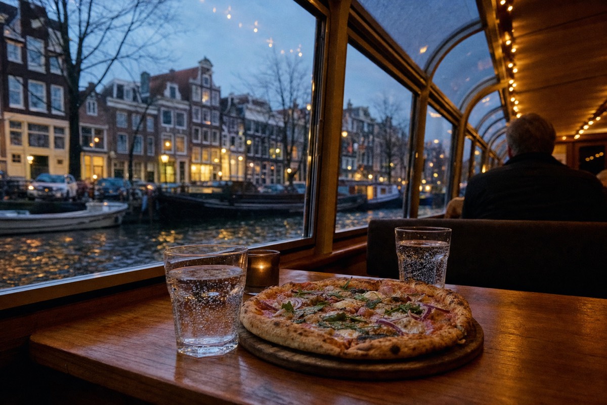 A whole pizza on a wooden table aboard a covered Amsterdam canal cruise boat at dusk, no text, no logos, no people