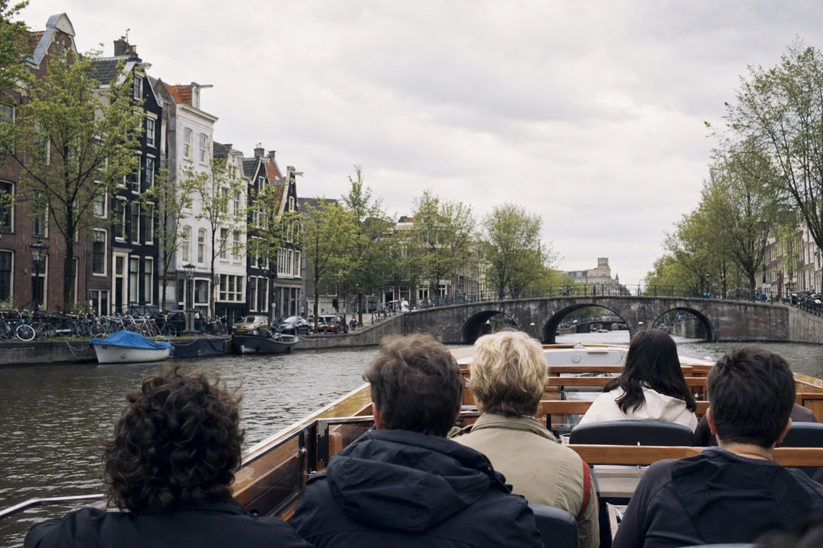 An open-top sightseeing canal boat gliding through the Amsterdam canal ring at midday past gabled houses, no text, no logos, no people